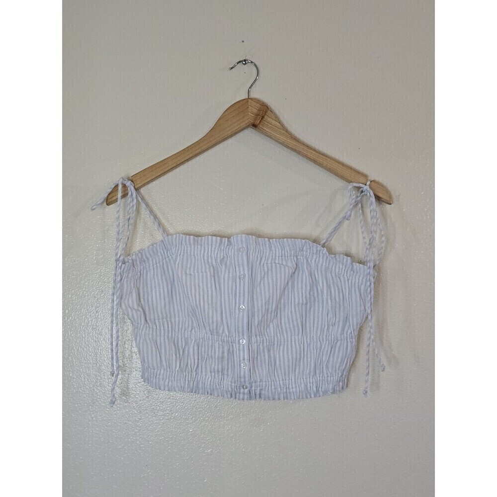 AERIE Button Front Crop Top Size M Striped Smocked Shoulder Tie Prairie Coquette - Picture 2 of 11